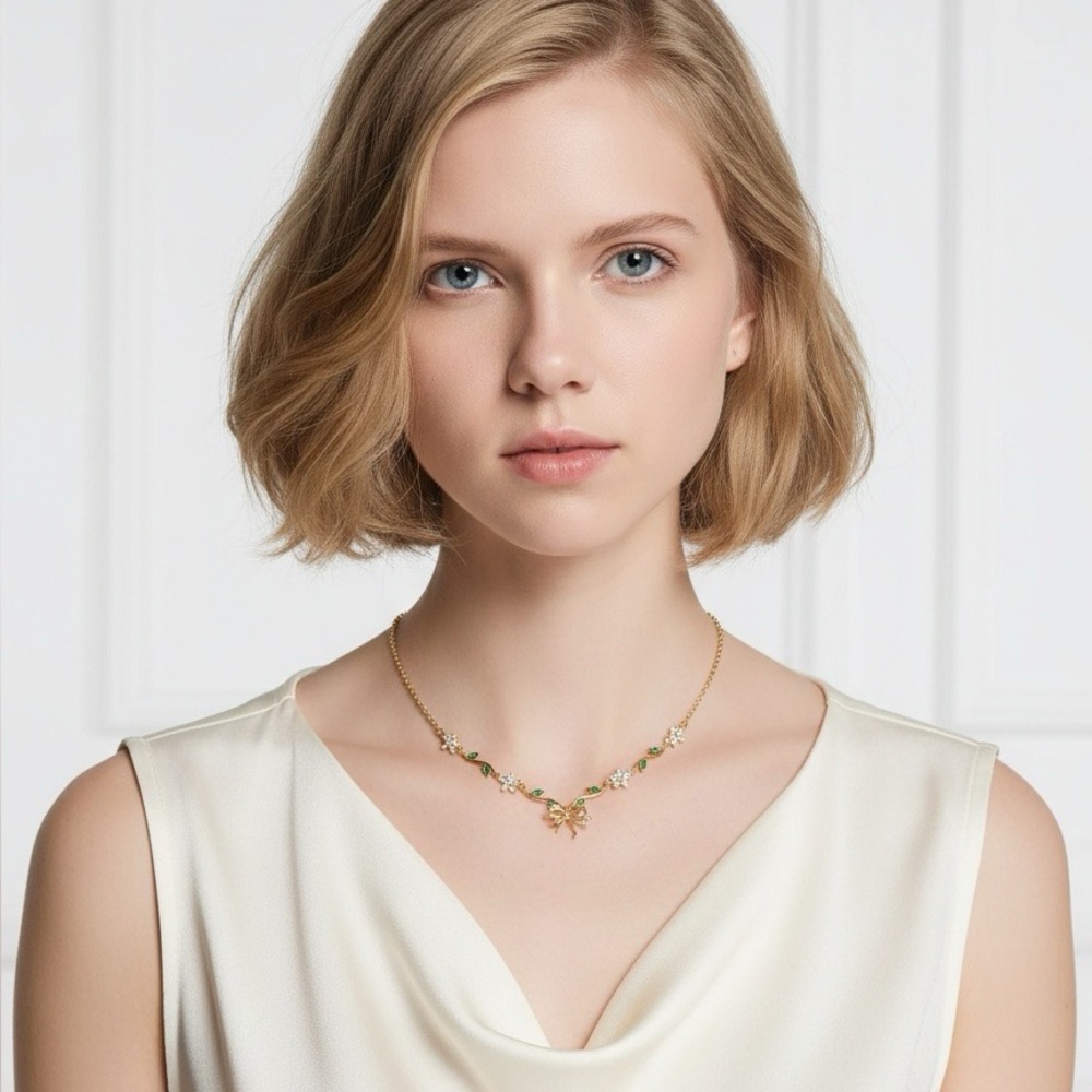 Gold teardrop green flower choker necklace